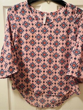 NY Collection Pink Printed Bell-Sleeve Blouse with Navy & Coral Accents